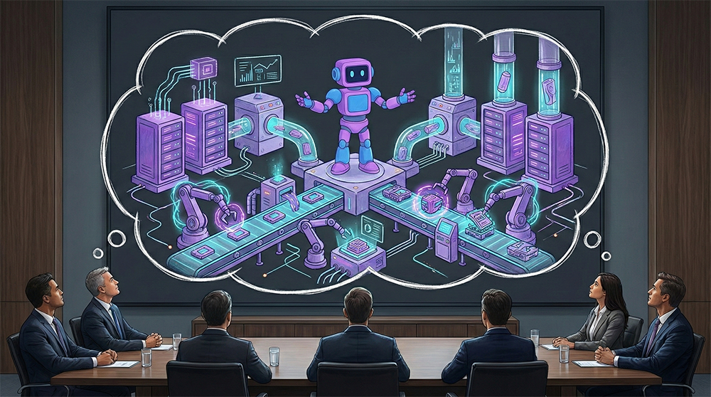 A futuristic AI-native production facility